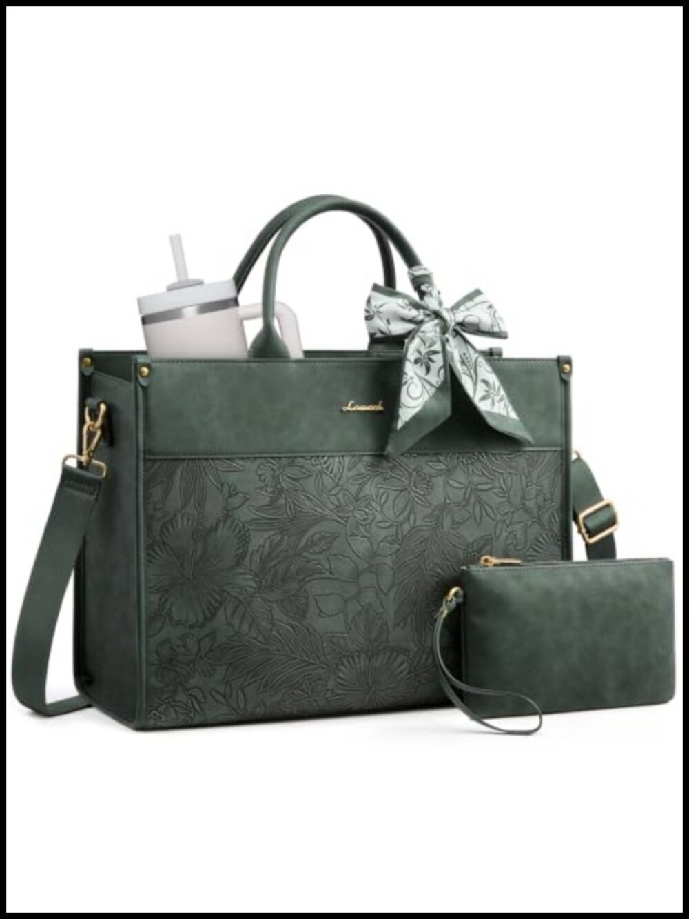 Vintage PU Leather Laptop Tote Bag for Women with Elastic Water Bottle Pocket